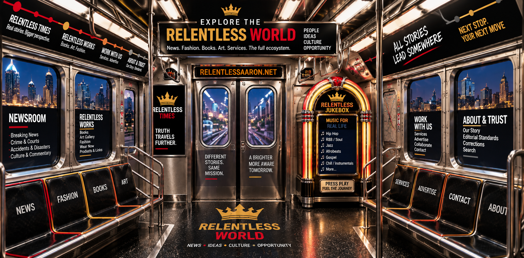 A New York City subway car branded as the Relentless World — Relentless Times, Relentless Works, Work With Us, About & Trust, the Relentless Jukebox, and destination seats for News, Fashion, Books, Art, Services, Advertise, Contact and About.